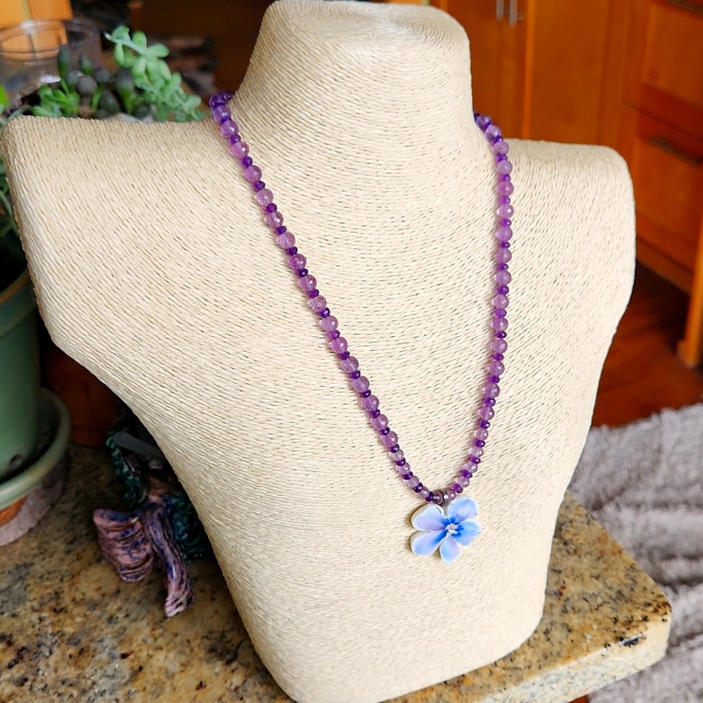 Amethyst beads with porcelain violet pendant necklace